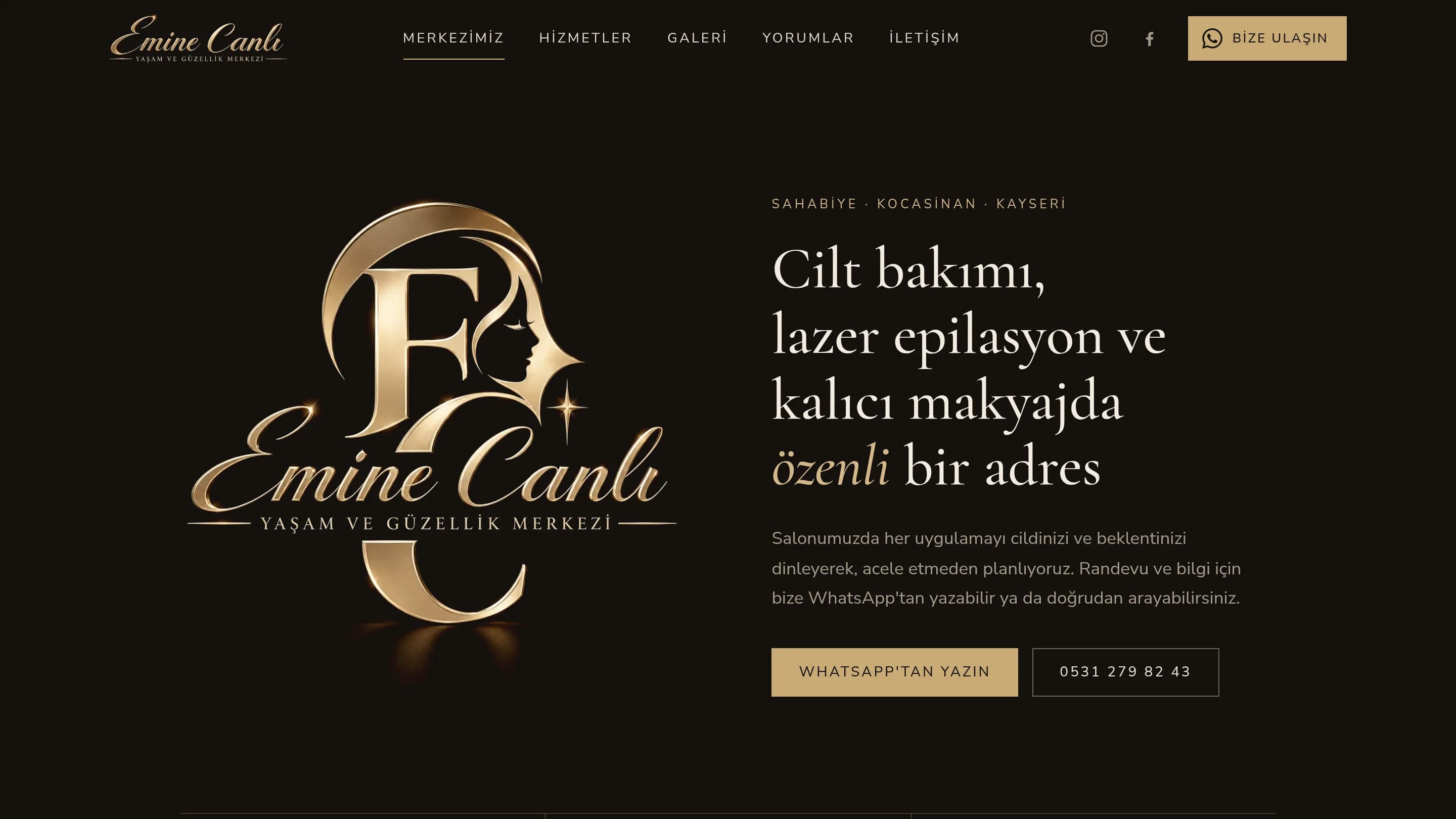 Emine Canlı Güzellik Merkezi ana sayfası: koyu zeminde altın logo ve serif başlık