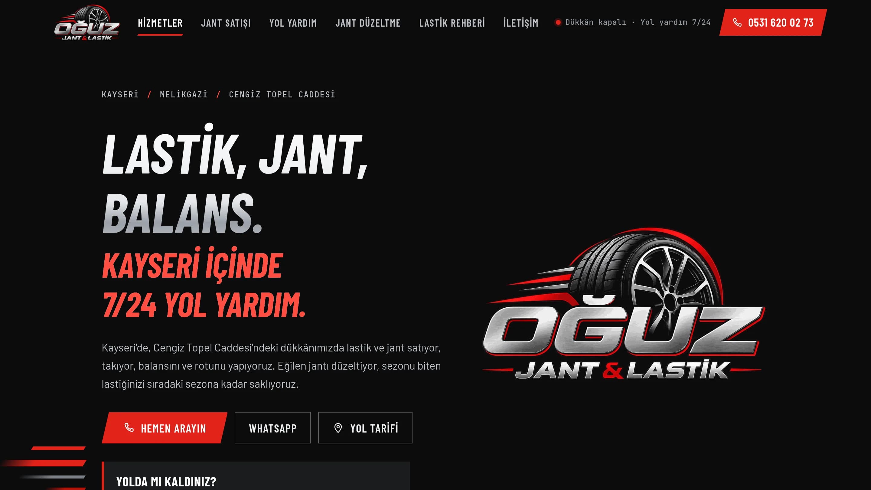 Oğuz Jant & Lastik ana sayfası: koyu zeminde büyük başlık, dükkân logosu ve hemen arama düğmesi